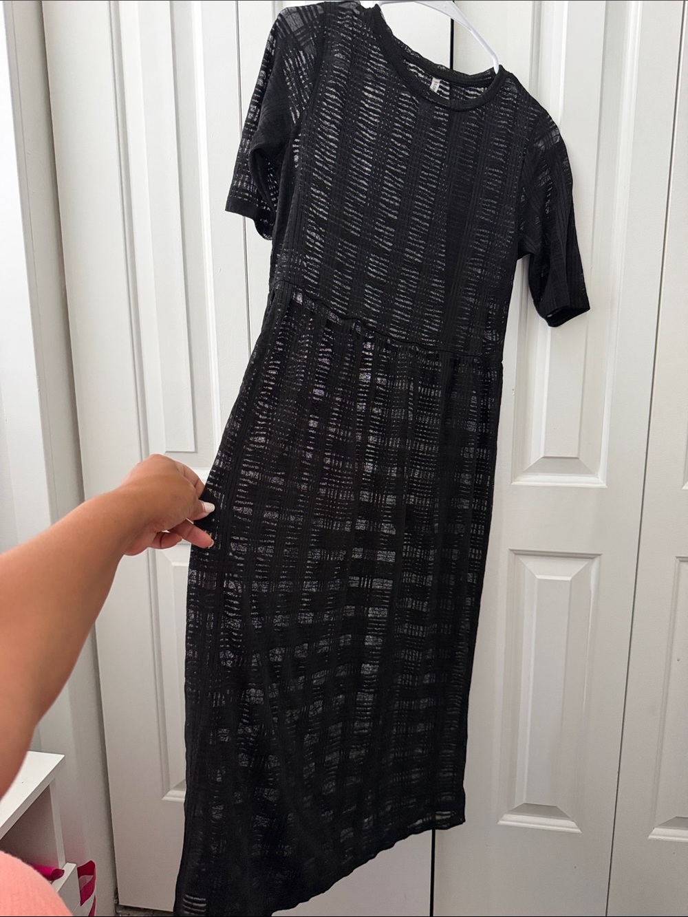 Black Semi-Sheer Textured Midi Dress